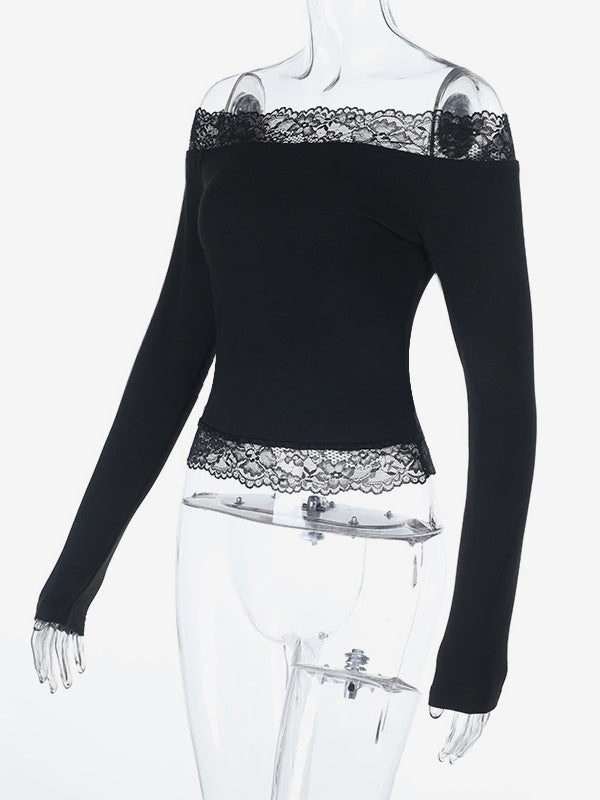 Off Shoulder Lace Trim Crop Top For Women - Long Sleeve Slim Fit Y2K Blouse - Spring Streetwear 2026