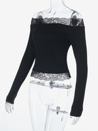 Off Shoulder Lace Trim Crop Top For Women - Long Sleeve Slim Fit Y2K Blouse - Spring Streetwear 2026