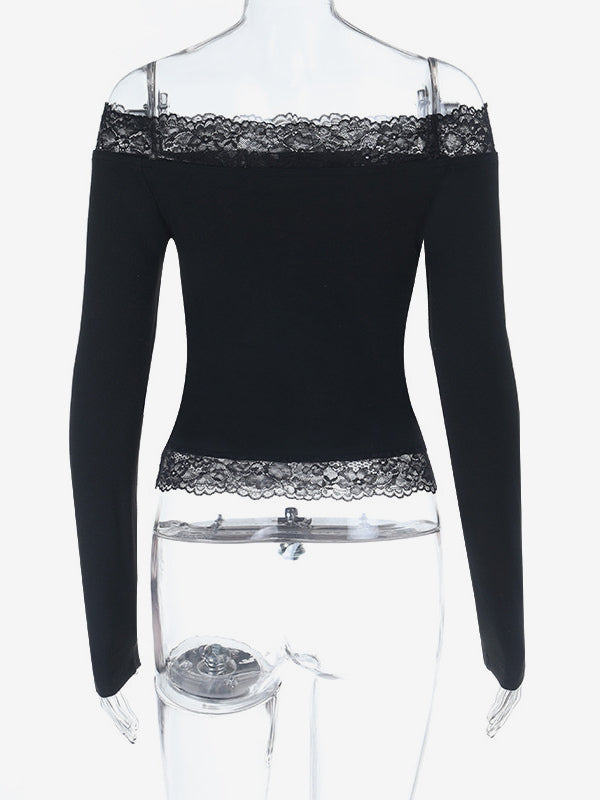 Off Shoulder Lace Trim Crop Top For Women - Long Sleeve Slim Fit Y2K Blouse - Spring Streetwear 2026
