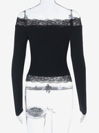 Off Shoulder Lace Trim Crop Top For Women - Long Sleeve Slim Fit Y2K Blouse - Spring Streetwear 2026