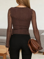 Lace Wrap V Neck Blouse For Women - Brown Vintage Long Sleeve Slim Fit Cropped Top - Spring Casual Daily Wear 2026