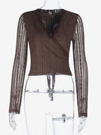 Lace Wrap V Neck Blouse For Women - Brown Vintage Long Sleeve Slim Fit Cropped Top - Spring Casual Daily Wear 2026