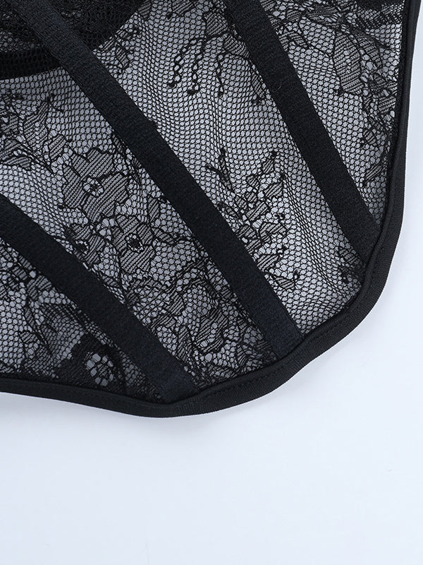 Off Shoulder Lace Corset Blouse For Women - Black Sheer Mesh Long Sleeve Bustier Top - Spring Night Out Clubwear 2026