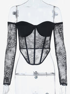 Off Shoulder Lace Corset Blouse For Women - Black Sheer Mesh Long Sleeve Bustier Top - Spring Night Out Clubwear 2026