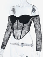 Off Shoulder Lace Corset Blouse For Women - Black Sheer Mesh Long Sleeve Bustier Top - Spring Night Out Clubwear 2026