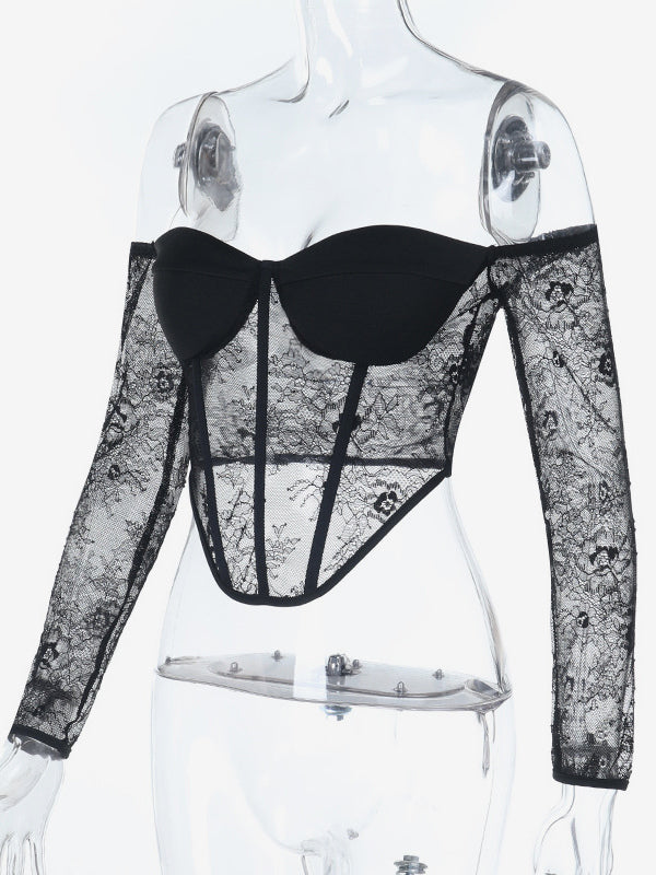 Off Shoulder Lace Corset Blouse For Women - Black Sheer Mesh Long Sleeve Bustier Top - Spring Night Out Clubwear 2026