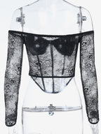 Off Shoulder Lace Corset Blouse For Women - Black Sheer Mesh Long Sleeve Bustier Top - Spring Night Out Clubwear 2026