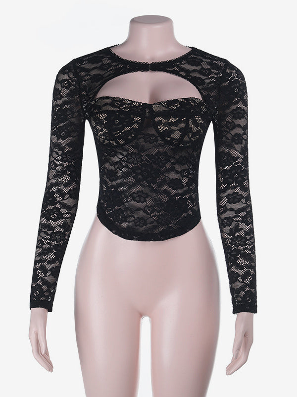 Lace Cutout Corset Style Blouse For Women - Black Sexy Long Sleeve Bustier Top - Spring Clubwear Party 2026
