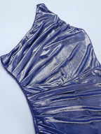Metallic One-Shoulder Maxi Dress For Women - Royal Blue Ruched High Slit Slim Fit Gown - Spring Cocktail Party Wear 2026