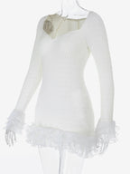 Textured Mini Dress For Women - Cream White Coquette Aesthetic Ruffle Cuff Bodycon- Summer Beach Date Night 2026