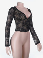 Floral Lace Crop Top For Women - Black Sexy V Neck Long Sleeve - Spring Night Out Clubwear 2026