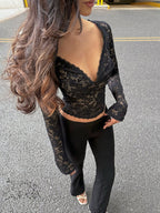Floral Lace Crop Top For Women - Black Sexy V Neck Long Sleeve - Spring Night Out Clubwear 2026