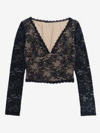 Floral Lace Crop Top For Women - Black Sexy V Neck Long Sleeve - Spring Night Out Clubwear 2026