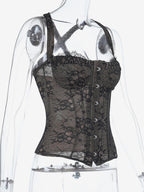 Floral Lace Corset Top For Women - Black Gothic Aesthetic Bustier - Summer Night Out Clubwear 2026