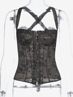 Floral Lace Corset Top For Women - Black Gothic Aesthetic Bustier - Summer Night Out Clubwear 2026