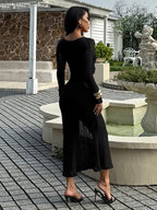 V-Neck Bodycon Long Dress For Women - Black Sexy Ruffle Cut Out - Spring Party Wedding Guest Wear 2026