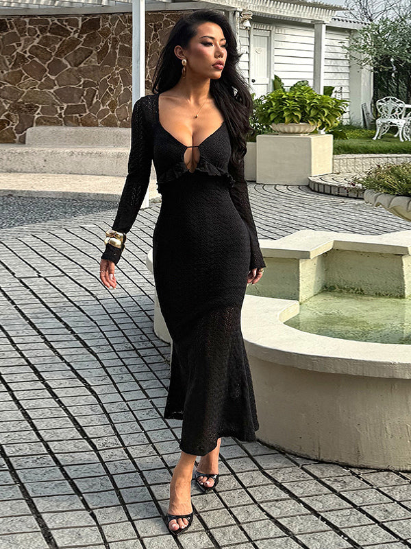 V-Neck Bodycon Long Dress For Women - Black Sexy Ruffle Cut Out - Spring Party Wedding Guest Wear 2026
