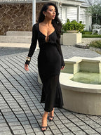 V-Neck Bodycon Long Dress For Women - Black Sexy Ruffle Cut Out - Spring Party Wedding Guest Wear 2026