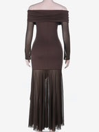 Off Shoulder Maxi Dress For Women - Brown Elegant Ruched Sheer Mesh Sleeve - Spring Party Wear 2026