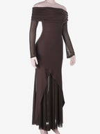 Off Shoulder Maxi Dress For Women - Brown Elegant Ruched Sheer Mesh Sleeve - Spring Party Wear 2026