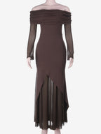 Off Shoulder Maxi Dress For Women - Brown Elegant Ruched Sheer Mesh Sleeve - Spring Party Wear 2026