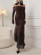 Off Shoulder Maxi Dress For Women - Brown Elegant Ruched Sheer Mesh Sleeve - Spring Party Wear 2026