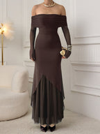 Off Shoulder Maxi Dress For Women - Brown Elegant Ruched Sheer Mesh Sleeve - Spring Party Wear 2026