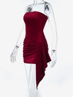 Ruched Velvet Bodycon Mini Dress For Women-Red Strapless Draped Side Sash -Spring Summer Cocktail Party Wear 2026