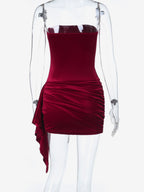 Ruched Velvet Bodycon Mini Dress For Women-Red Strapless Draped Side Sash -Spring Summer Cocktail Party Wear 2026