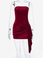 Ruched Velvet Bodycon Mini Dress For Women-Red Strapless Draped Side Sash -Spring Summer Cocktail Party Wear 2026