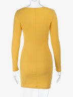 Floral Rhinestone Ribbed Dress For Women - Yellow Long Sleeve Square Neck Bodycon Mini Dress - Spring Casual Streetwear 2026