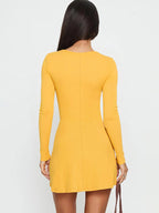 Floral Rhinestone Ribbed Dress For Women - Yellow Long Sleeve Square Neck Bodycon Mini Dress - Spring Casual Streetwear 2026