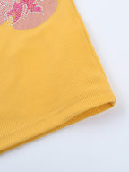 Floral Rhinestone Ribbed Dress For Women - Yellow Long Sleeve Square Neck Bodycon Mini Dress - Spring Casual Streetwear 2026