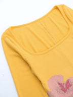 Floral Rhinestone Ribbed Dress For Women - Yellow Long Sleeve Square Neck Bodycon Mini Dress - Spring Casual Streetwear 2026