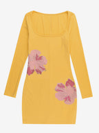 Floral Rhinestone Ribbed Dress For Women - Yellow Long Sleeve Square Neck Bodycon Mini Dress - Spring Casual Streetwear 2026