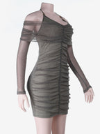 Glitted Ruched Bodycon Dress For Women - Halter Neck Off Shoulder Mesh Mini Dress - Spring Night Out Clubwear 2026