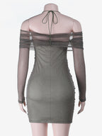 Glitted Ruched Bodycon Dress For Women - Halter Neck Off Shoulder Mesh Mini Dress - Spring Night Out Clubwear 2026