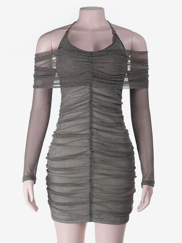 Glitted Ruched Bodycon Dress For Women - Halter Neck Off Shoulder Mesh Mini Dress - Spring Night Out Clubwear 2026