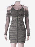 Glitted Ruched Bodycon Dress For Women - Halter Neck Off Shoulder Mesh Mini Dress - Spring Night Out Clubwear 2026