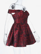 Floral Jacquard Off Shoulder Mini Dress For Women - Burgundy A Line Dress - Summer Prom Birthday Party 2026