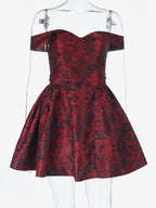 Floral Jacquard Off Shoulder Mini Dress For Women - Burgundy A Line Dress - Summer Prom Birthday Party 2026