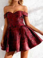 Floral Jacquard Off Shoulder Mini Dress For Women - Burgundy A Line Dress - Summer Prom Birthday Party 2026