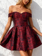 Floral Jacquard Off Shoulder Mini Dress For Women - Burgundy A Line Dress - Summer Prom Birthday Party 2026