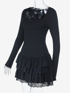 Lace Square Neck Mini Dress For Women - Black Gothic Ruffle Layered Long Sleeve Bodycon - Spring Night Out Clubwear 2026
