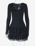 Lace Square Neck Mini Dress For Women - Black Gothic Ruffle Layered Long Sleeve Bodycon - Spring Night Out Clubwear 2026