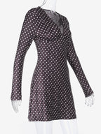 Polka Dot Women's Mini Dress - Chocolate Brown Vintage V Neck Long Sleeve Bodycon - Spring Vacation Party 2026