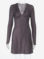 Polka Dot Women's Mini Dress - Chocolate Brown Vintage V Neck Long Sleeve Bodycon - Spring Vacation Party 2026