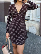 Polka Dot Women's Mini Dress - Chocolate Brown Vintage V Neck Long Sleeve Bodycon - Spring Vacation Party 2026