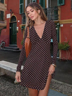 Polka Dot Women's Mini Dress - Chocolate Brown Vintage V Neck Long Sleeve Bodycon - Spring Vacation Party 2026