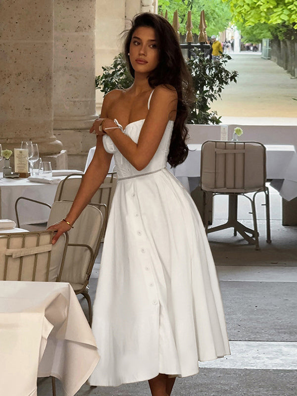 Cottagecore Midi Dress For Women - White Elegant Tie Front Sundress - Summer Garden Wedding Guest Wear 2026